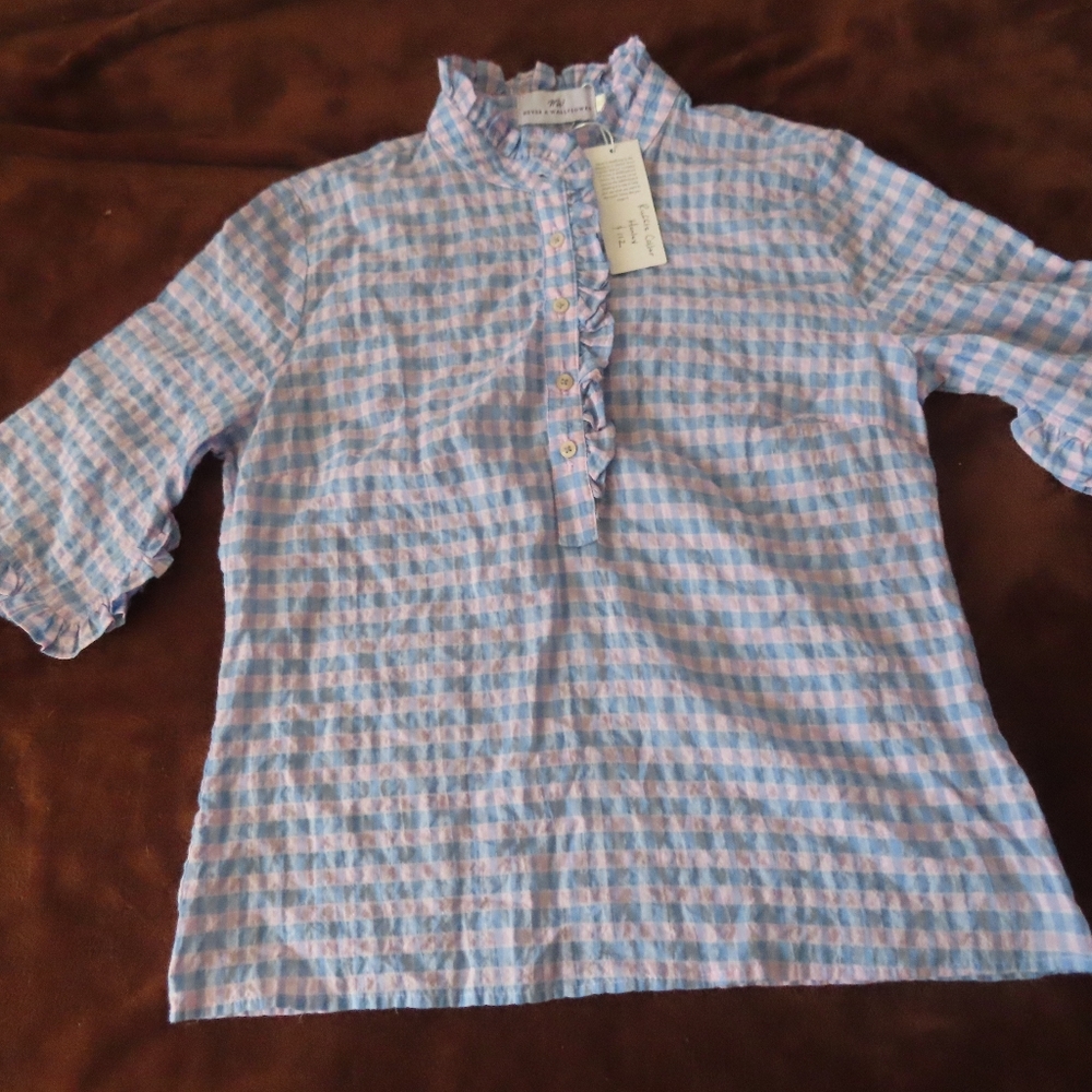 Never A Wallflower RUFFLE COLLAR HENLEY PINK & BLUE CHECK XS NWT $112